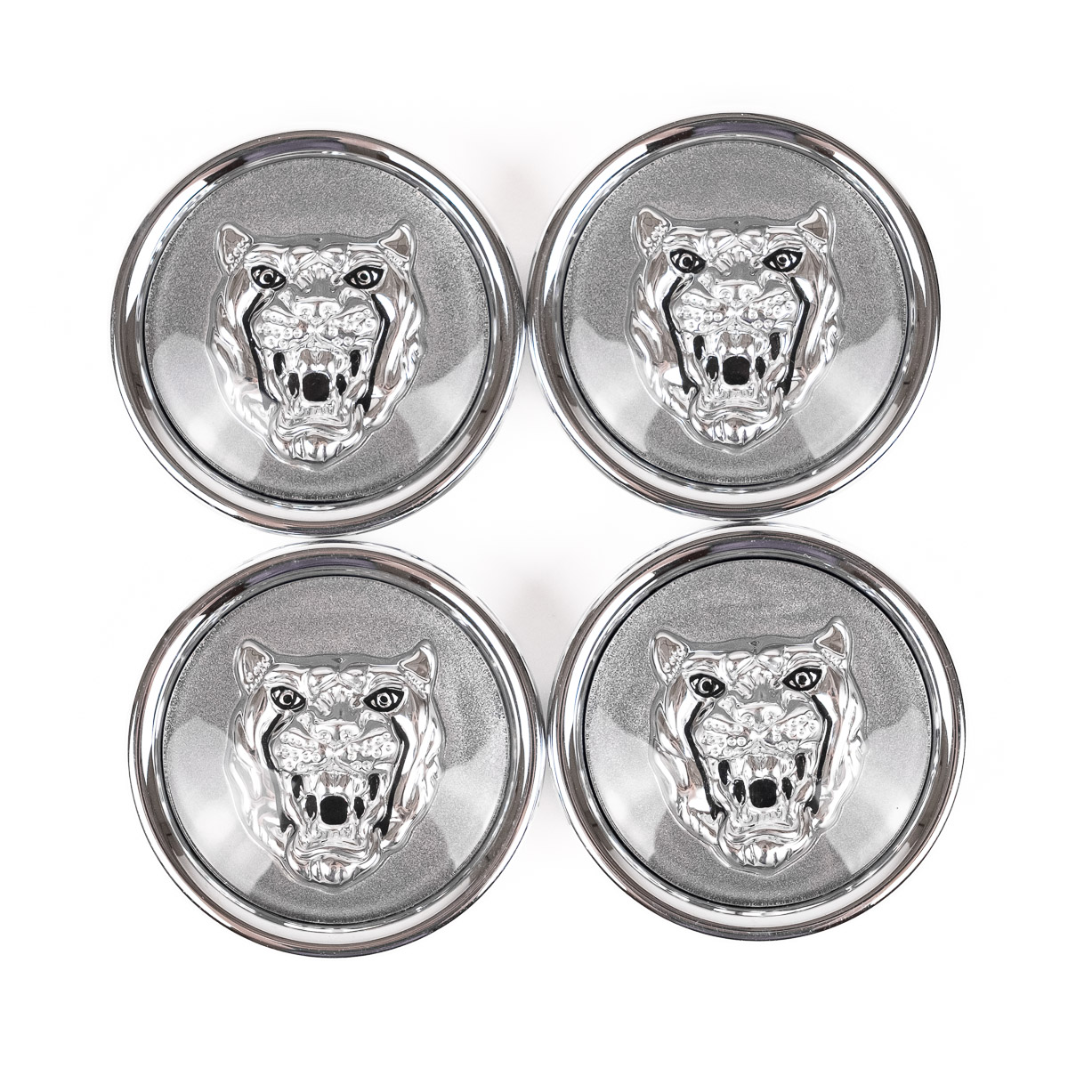 Jaguar Wheel Motif - Gray with Silver Cat Face - Set Of 4