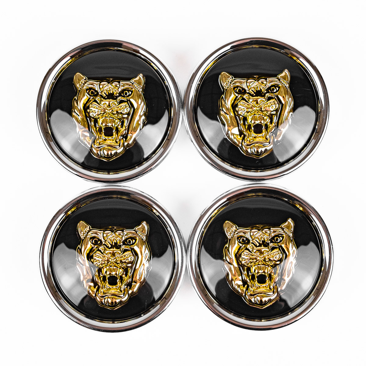 Jaguar Wheel Motif - Black with Gold Catface - Set Of 4