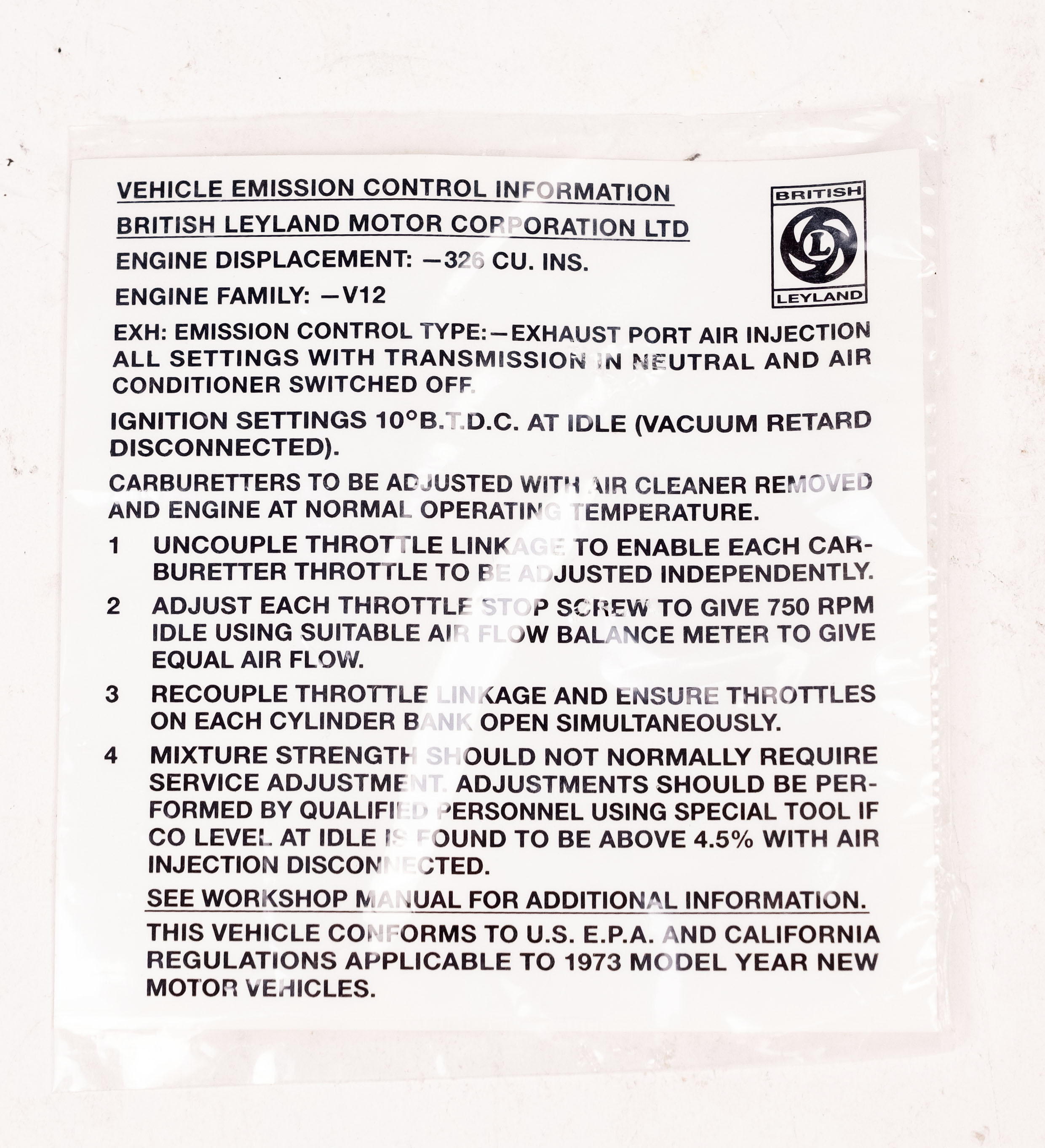 Jaguar Decal Control Emission E3 73